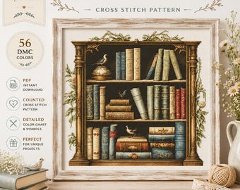 Books and Birds Cross Stitch Pattern PDF, Vintage Bookshelf Embroidery Chart, Book Lover Counted Cross Stitch, Instant Download
