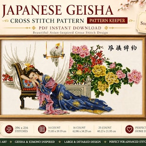 Könnte beinhalten: Ein Kreuzstichmuster mit dem Titel Japanese Geisha, das eine Person in einem blau-rosa Kimono auf einem Stuhl, einen weißen Vogel auf einer Stange und bunte Blumen zeigt. Das Muster enthält 54 DMC-Farben und Maße von 71,85 x 39,19 cm.
