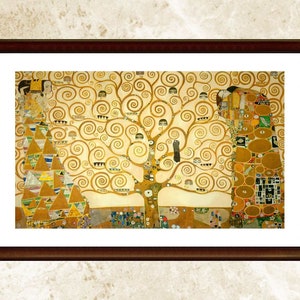 May include: A painting depicting a tree of life with swirling branches and two figures on either side. The figures are composed of geometric shapes and patterns in gold, yellow, and brown. The background is a light cream colour.