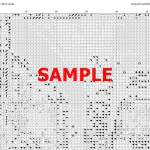 May include: A black and white cross stitch pattern for a religious craft project. The pattern is labelled "Page 1 Life of Jesus" and "SonyaCrossStitch (2)". The pattern is a sample and includes a "SAMPLE" watermark.