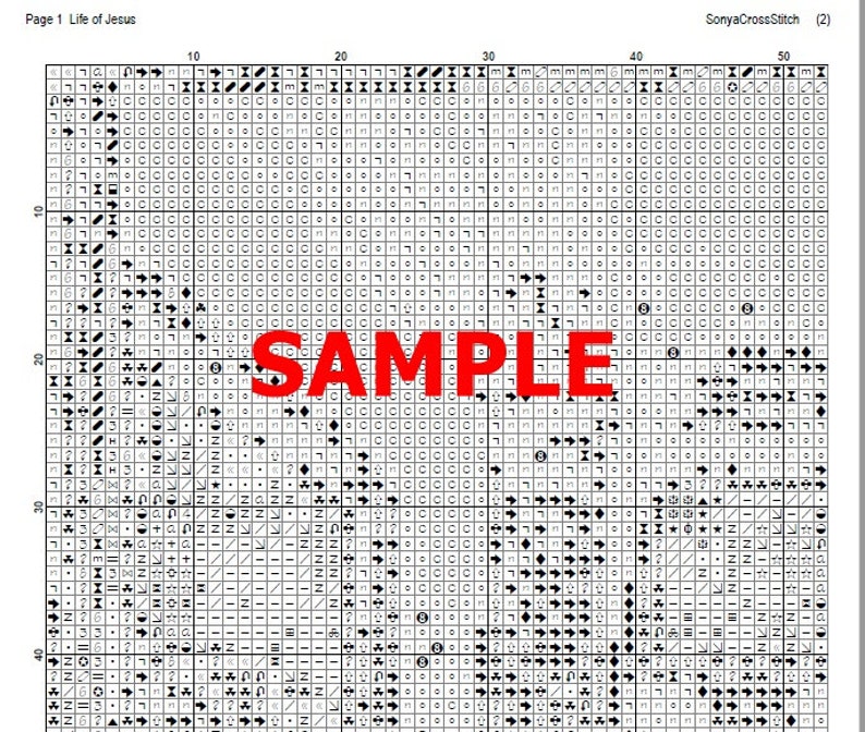 May include: A black and white cross stitch pattern for a religious craft project. The pattern is labelled "Page 1 Life of Jesus" and "SonyaCrossStitch (2)". The pattern is a sample and includes a "SAMPLE" watermark.