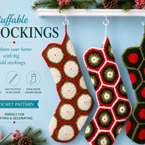 Mönster för virkad julstrumpa i PDF-format, sexkantig mormorsstrumpa, virkad juldekoration, enkel julstrumpa, direktnedladdning