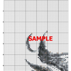 May include: A black and white cross stitch pattern of a scorpion with a brown tail and claws. The pattern is on a white grid background with the word "SAMPLE" in red letters.