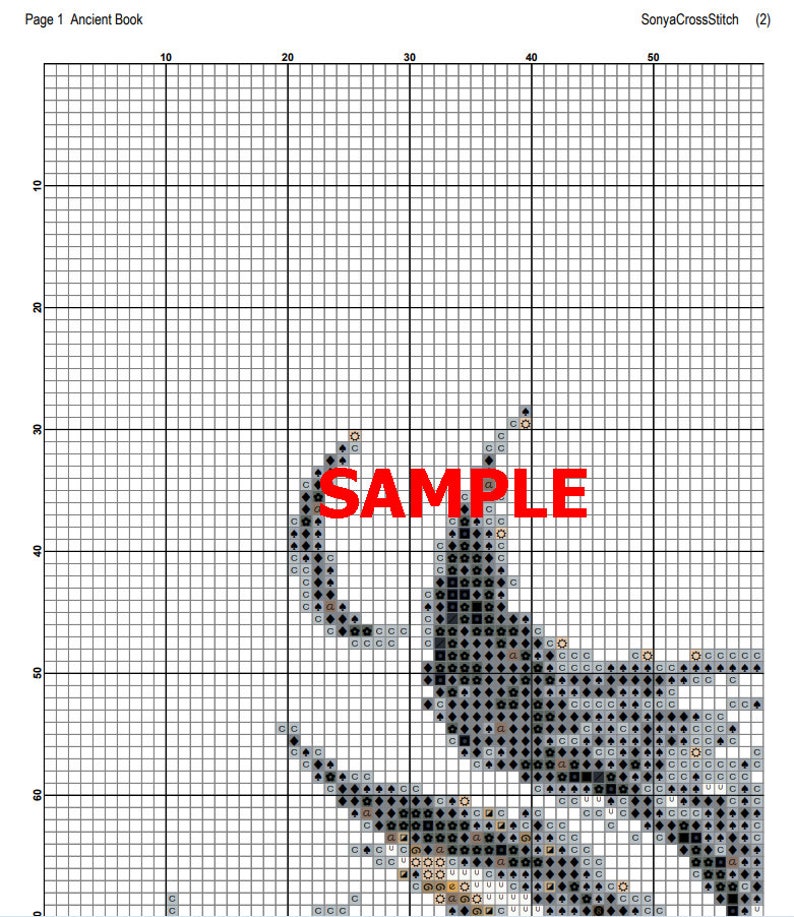 May include: A black and white cross stitch pattern of a scorpion with a brown tail and claws. The pattern is on a white grid background with the word "SAMPLE" in red letters.