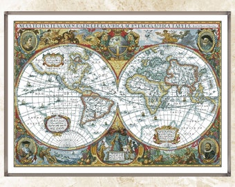 Old World Map Cross Stitch Pattern, Vintage Embroidery (PDF)