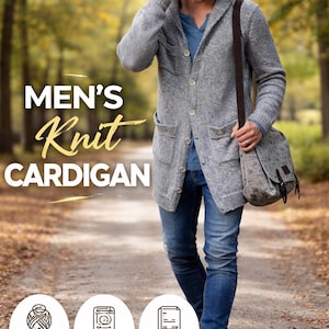 Puede incluir: Un cárdigan de punto gris con botones, usado con vaqueros azules. La imagen incluye el texto "MEN'S Knit CARDIGAN" e iconos de lana y alpaca, un patrón PDF y tallas S-3XL. También se muestra la palabra "BESTSELLER".