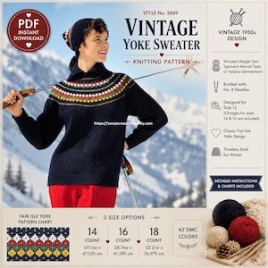 May include: A navy blue long-sleeve sweater with a multi-colored Fair Isle yoke pattern, featuring a matching knit hat. The PDF knitting pattern includes Style No. 5069, size options for 14, 16, and 18 count, and instructions for size 12.