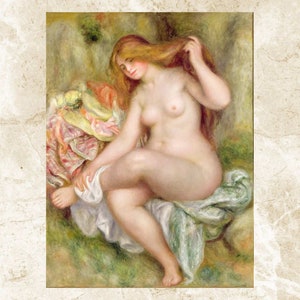 May include: A painting of a nude woman with long, flowing hair, sitting on a bed of green leaves and holding a white cloth. The woman is looking down at the cloth, and her expression is serene. The painting is done in a soft, Impressionistic style, with brushstrokes that are visible throughout the image.