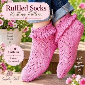 May include: A pair of bright pink knitted socks featuring a ruffled cuff and a delicate lace-like chevron pattern. The socks are displayed with text overlays that read Ruffled Socks Knitting Pattern, PDF Pattern, Instant Download, and Knit Your Happiness.