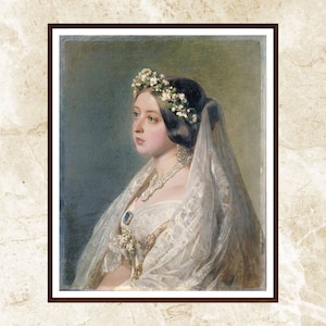 May include: A portrait painting of a woman in a white dress and veil. She is wearing a crown of white flowers and a pearl necklace. The painting has a light blue background.