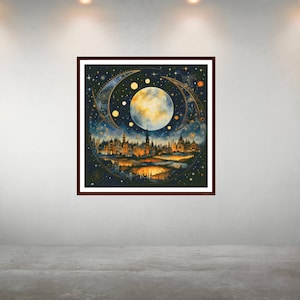 May include: A painting of a city skyline with a large, full moon and crescent moons in the night sky. The city is lit up with golden lights and there are stars in the sky.