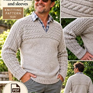 Puede incluir: Un patrón de tejido para un suéter beige con canesú y mangas de cable. El texto dice: Man's Jumper with cabled yoke and sleeves, KNITTING PATTERN, PDF, KNITTING PATTERN, SonyaCrossStitch. El suéter presenta un cuello en V y puños acanalados.