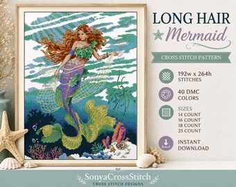 May include: A cross stitch pattern titled LONG HAIR Mermaid featuring a mermaid with long red hair, a green leafy top, and a purple and yellow tail holding a fishing net underwater. The text includes 192w x 264h stitches, 40 DMC colors, and sizes for 14, 16, 18, and 25 count fabric.