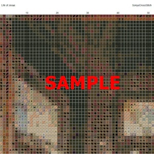May include: A colour-coded cross stitch pattern for a religious image. The pattern is labelled "Page 1 Life of Jesus" and "SonyaCrossStitch (2)". The pattern is a sample and includes a variety of colours and symbols.