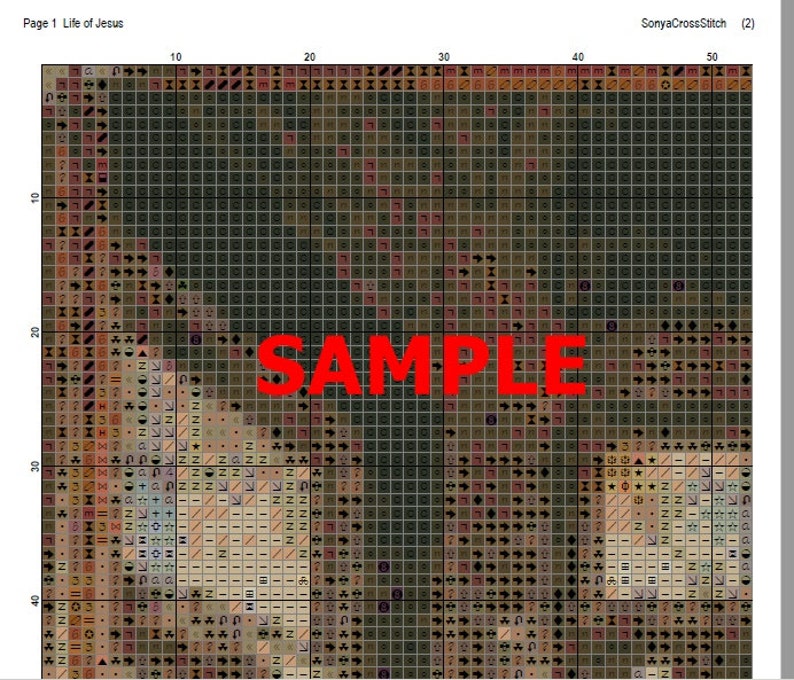 May include: A colour-coded cross stitch pattern for a religious image. The pattern is labelled "Page 1 Life of Jesus" and "SonyaCrossStitch (2)". The pattern is a sample and includes a variety of colours and symbols.