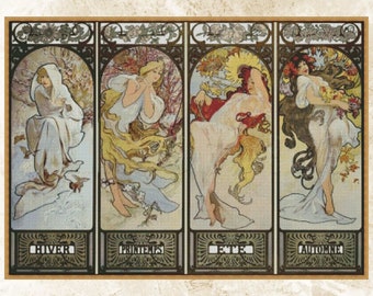 Cross Stitch Pattern ,Four Seasons by Alphonse Mucha,Instant Download