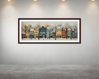 Winter Row Houses Cross Stitch Pattern: Snowy City Landscape (PDF)