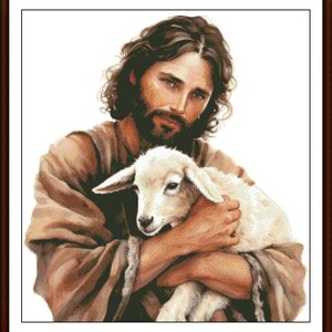 May include: A painting of Jesus holding a white lamb in his arms. Jesus is wearing a brown robe and has long brown hair and a beard. The background is white.