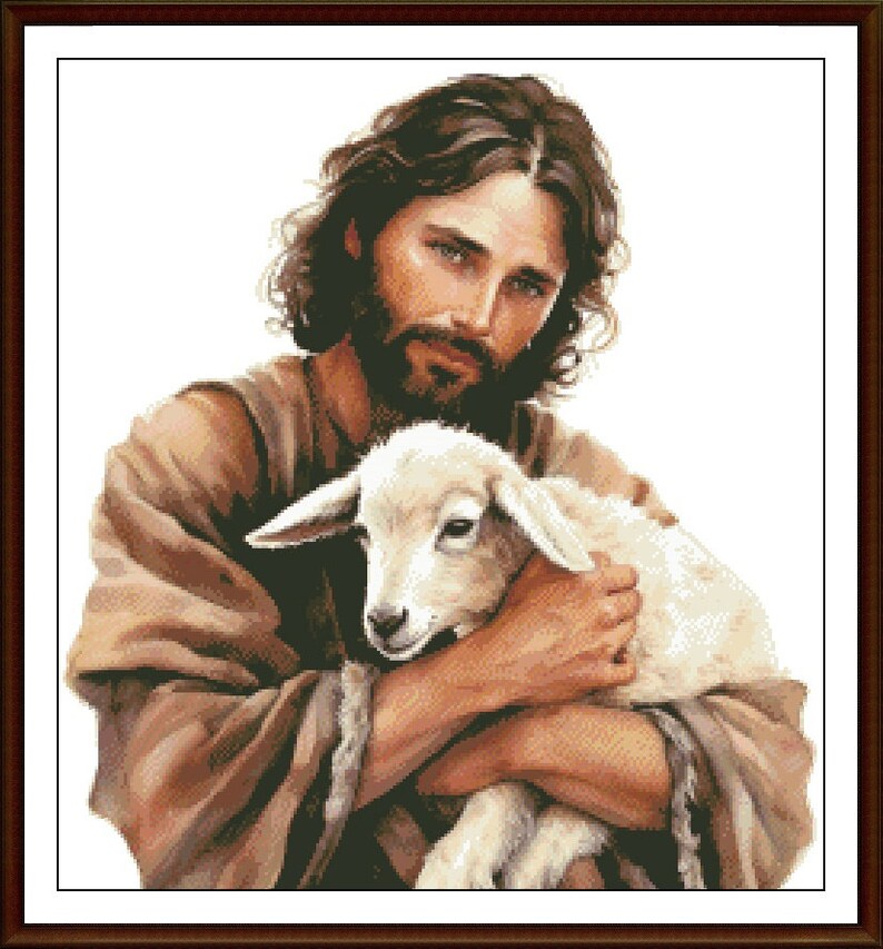 May include: A painting of Jesus holding a white lamb in his arms. Jesus is wearing a brown robe and has long brown hair and a beard. The background is white.