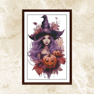 Watercolor Cross Stitch Pattern,Purple Hair Witch,Halloween,Pattern Keeper,Embroidery,Instant Download