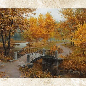 Herfstbrug kruissteekpatroon, herfst schilderachtige brug, patroonhouder, afdrukbare grafiek, pdf-formaat, handwerken, onmiddellijke download