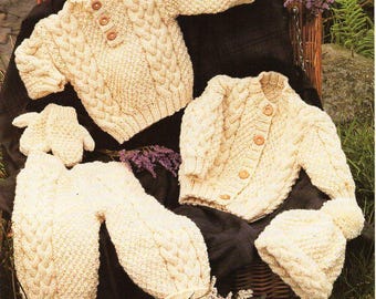 Modello vintage per completo da neonato in maglia Aran / Maglione a trecce, Cardigan (modello in PDF)
