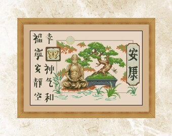 Buddha and Bonsai Cross Stitch Pattern: Religious Needlework (PDF Pattern)