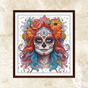 Watercolor Cross Stitch Pattern,Woman Colorful Skull,Counted cross stitch,Pattern Keeper,Halloween,xstitch,needlework,Pdf,Instant Download