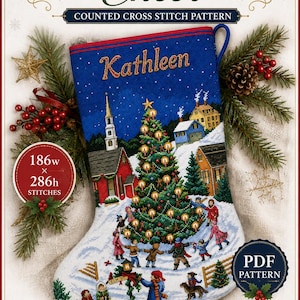 May include: A counted cross stitch pattern titled Christmas Cheer featuring a blue Christmas stocking design with a snowy village scene, a decorated tree, and the name Kathleen. Includes a chart of 186w by 286h stitches and finished sizes for 14, 16, and 18 count Aida fabric.