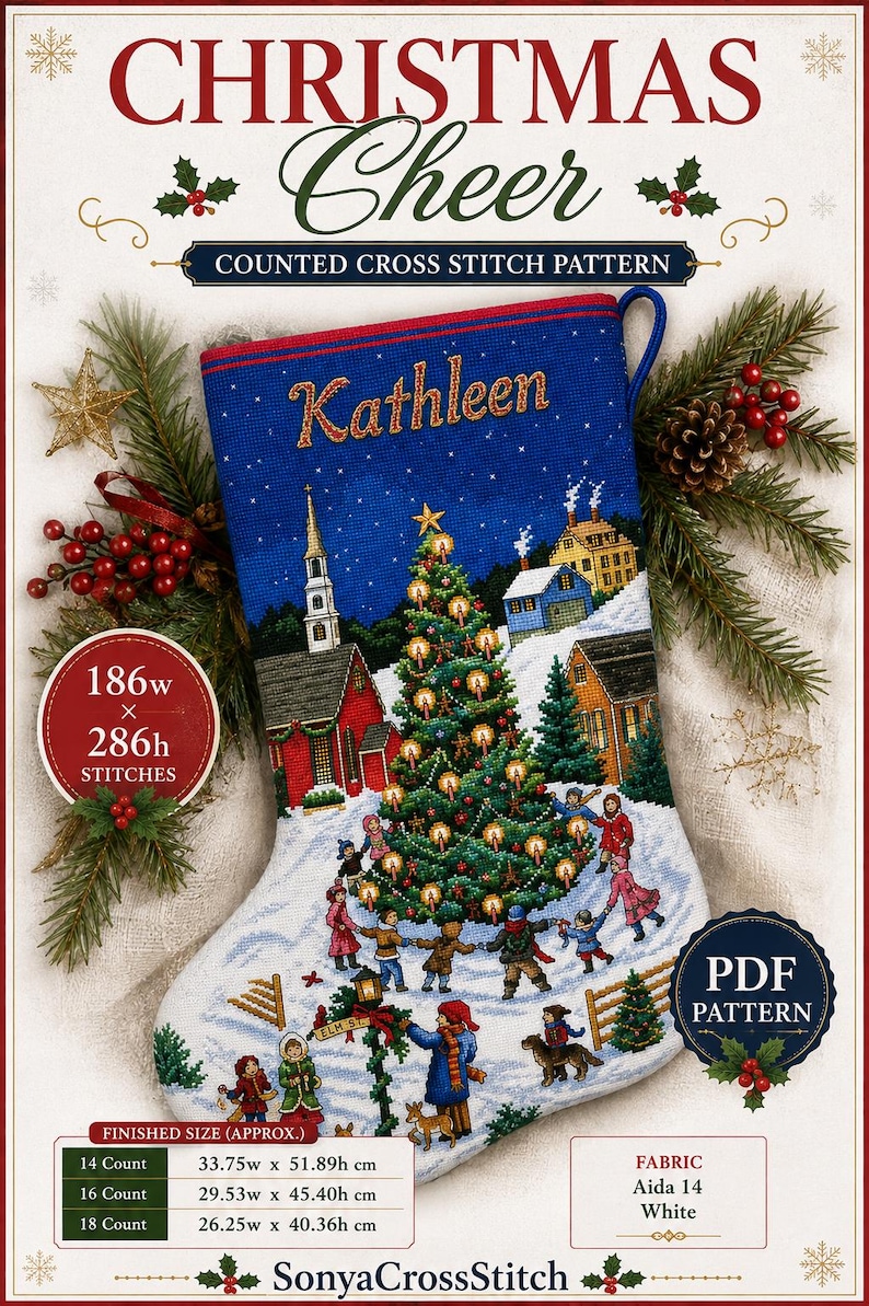 May include: A counted cross stitch pattern titled Christmas Cheer featuring a blue Christmas stocking design with a snowy village scene, a decorated tree, and the name Kathleen. Includes a chart of 186w by 286h stitches and finished sizes for 14, 16, and 18 count Aida fabric.