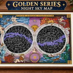 Puede incluir: Un patrón de punto de cruz enmarcado titulado Golden Series Night Sky Map que presenta dos mapas celestes circulares con nebulosas púrpuras, rodeados de figuras del zodiaco y texto en latín. Incluye 356w x 253h puntadas y 53 colores DMC.