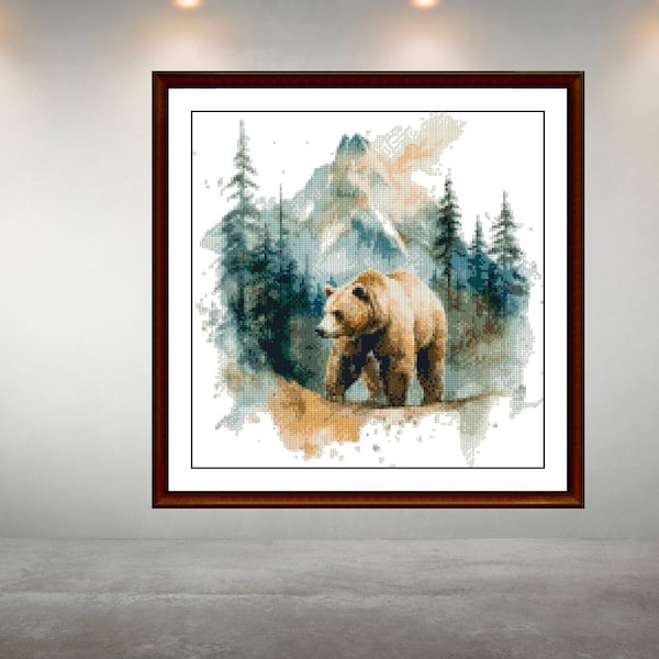 Watercolor Cross Stitch Pattern,Bear in the Wilderness,Landscape,Nature,xtitch,Pattern Keeper,Embroidery,Instant Download