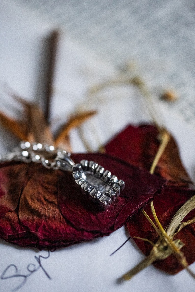 May include: A silver pendant necklace with a detailed, textured design. The pendant is shaped like a small, rectangular box with a raised edge. The necklace is lying on top of dried rose petals.