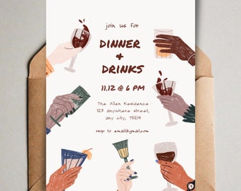 Editable Dinner and Drinks Party Invite, Dinner Party, Holiday Party Invitation, Cocktail Glasses, Instant Download, Printable