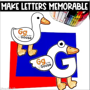 Peut inclure: Deux mod&egrave;les imprimables pour une activit&eacute; manuelle permettant aux enfants d'apprendre la lettre G. Les mod&egrave;les repr&eacute;sentent une oie blanche avec des pattes et un bec orange. La lettre G est &agrave; l'int&eacute;rieur du corps de l'oie. Le texte "Gg is for Goose" est &eacute;crit sur le corps de l'oie.
