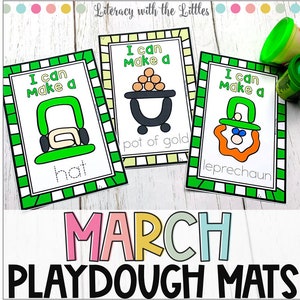May include: Three printable playdough mats with green borders and white backgrounds. Each mat features a different St. Patrick's Day theme: a leprechaun, a pot of gold, and a leprechaun hat. The text on each mat reads "I can make a..." followed by the name of the item. The mats are labeled "MARCH PLAYDOUGH MATS".