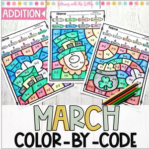May include: Three printable worksheets for children to practise addition by colouring in a picture according to a colour code. The worksheets feature a leprechaun, a pot of gold, and a flower. The worksheets are titled "March Colour-by-Code".