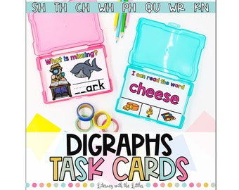 Digraph Task Cards | ch, kn, ph, sh, th, wh, wr, & qu | Phonics Centers |  Beginning Reader Activities for Kindergarten or First Grade