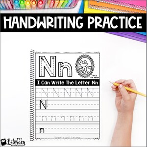 May include: A spiral-bound handwriting practice workbook with the text "HANDWRITING PRACTICE" at the top. The page features the letter "Nn" with tracing guides and the phrase "I Can Write The Letter Nn". A hand holds a pencil.