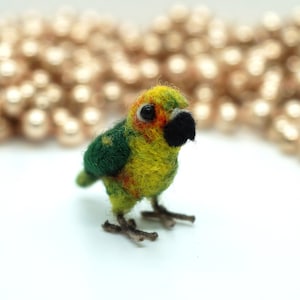 Miniature needle felted Jenday Conure, miniature parakeet, tiny parrot, made to order