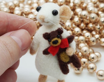 Milo the mouse, miniature needle felted mouse with a Teddy bear toy, ships from the US