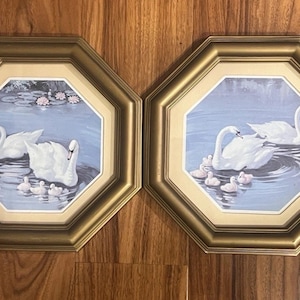 May include: A pair of octagonal wall art pieces featuring gold frames and cream-colored matting. Each print depicts white swans swimming in blue water with small cygnets. The left print shows two adult swans, while the right shows two adults and four cygnets.