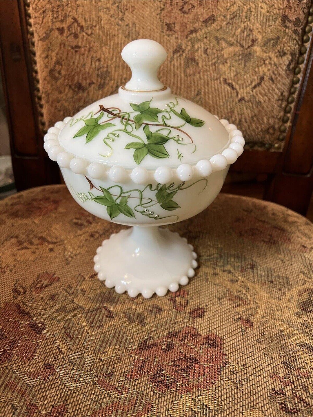Covered Candy Dish Ivy on Milk Glass, Vintage Hand Painted - Etsy