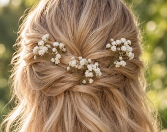 Baby’s Breath Bridal Hair Pins, flowers Wedding Hair Clips, Gypsophila Hairpiece, Boho Bridal Hair Accessories for Bride, Set of 5