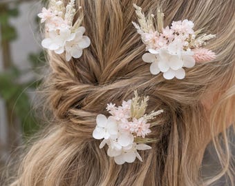 Spring Bridal Hair Pins with Hydrangea & Blush Pink Flowers, Boho Wedding Hair Accessories, Dried Flower Pins, Set of 3 or 5