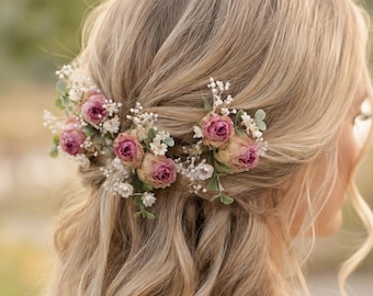 Pink Rose Hair Pins, Eucalyptus & Baby's Breath Bridal Hair Accessories, Dried Flower Wedding Hair Piece, Boho Bride