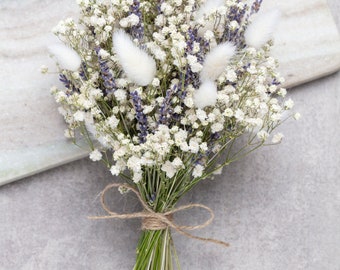 Geconserveerd babyademboeket met lavendel en konijnenstaarten, bruiloftsbloemen, gedroogde bloemen, gedroogd tafelornament, bruiloftsdecor