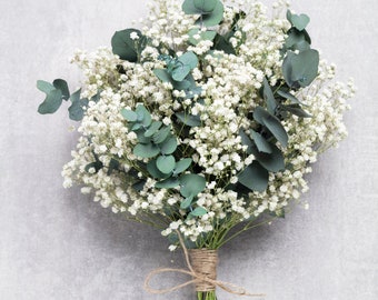 Gypsophile blanc stabilisé avec bouquet de mariée d'eucalyptus stabilisé, gypsophile stabilisée, bouquet de mariée taufe, gypsophile, bouquet