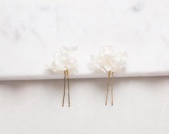 Braut Haarnadeln weiße Hortensie, Trockenblumen Hochzeit Haarschmuck kleine Haarteile (2er Set)
