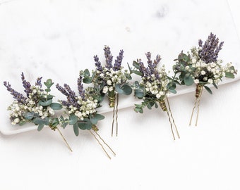 alfileres de pelo de boda, clips para el cabello, pasador de pelo Gypsophila, eucalipto, lavanda, pasador de pelo nupcial aliento del bebé, flores secas, pasador de pelo rústico,